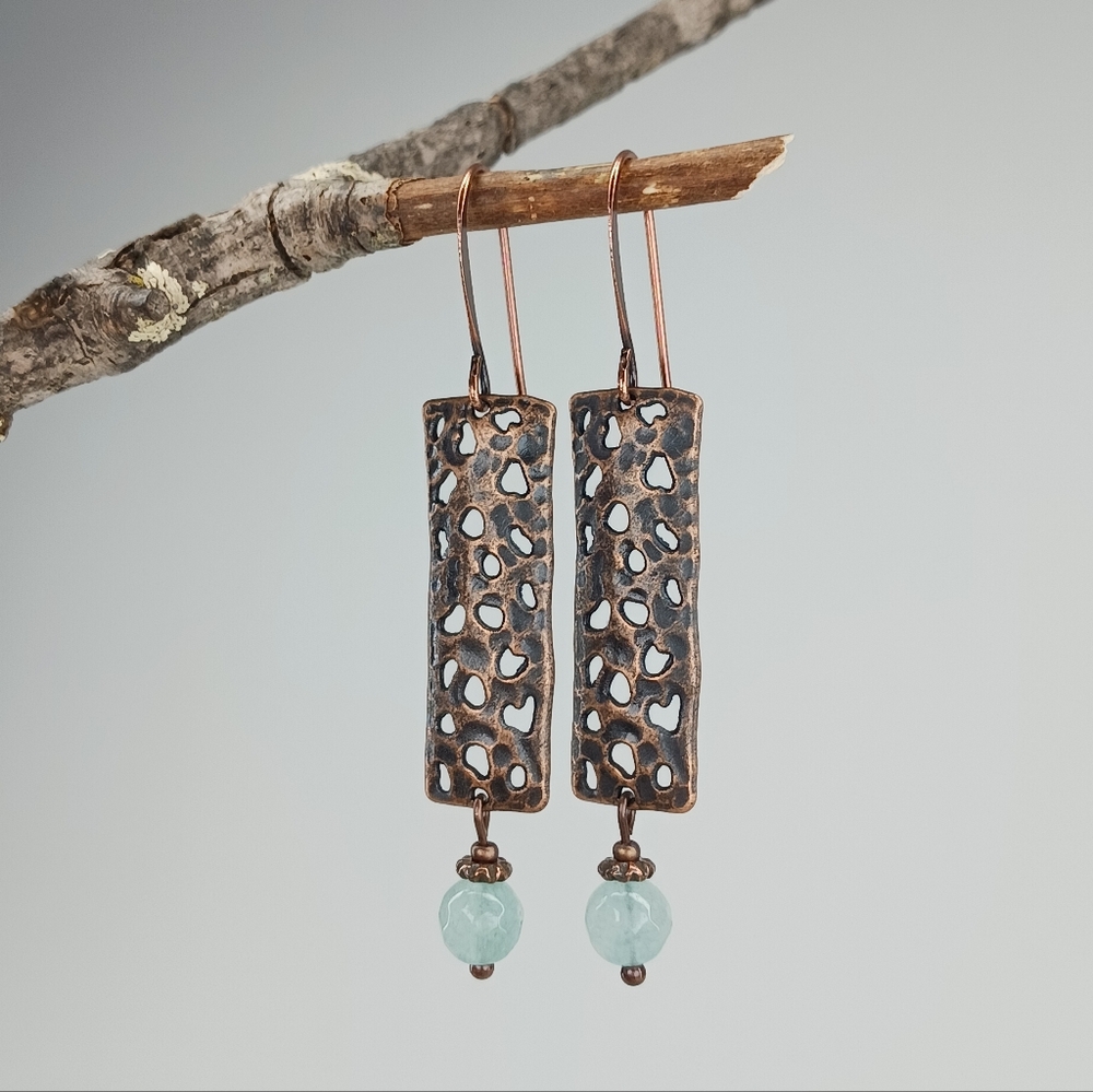 HAND CRAFTED Rustic Copper Bar Aqua Quartzite Dangle Earrings